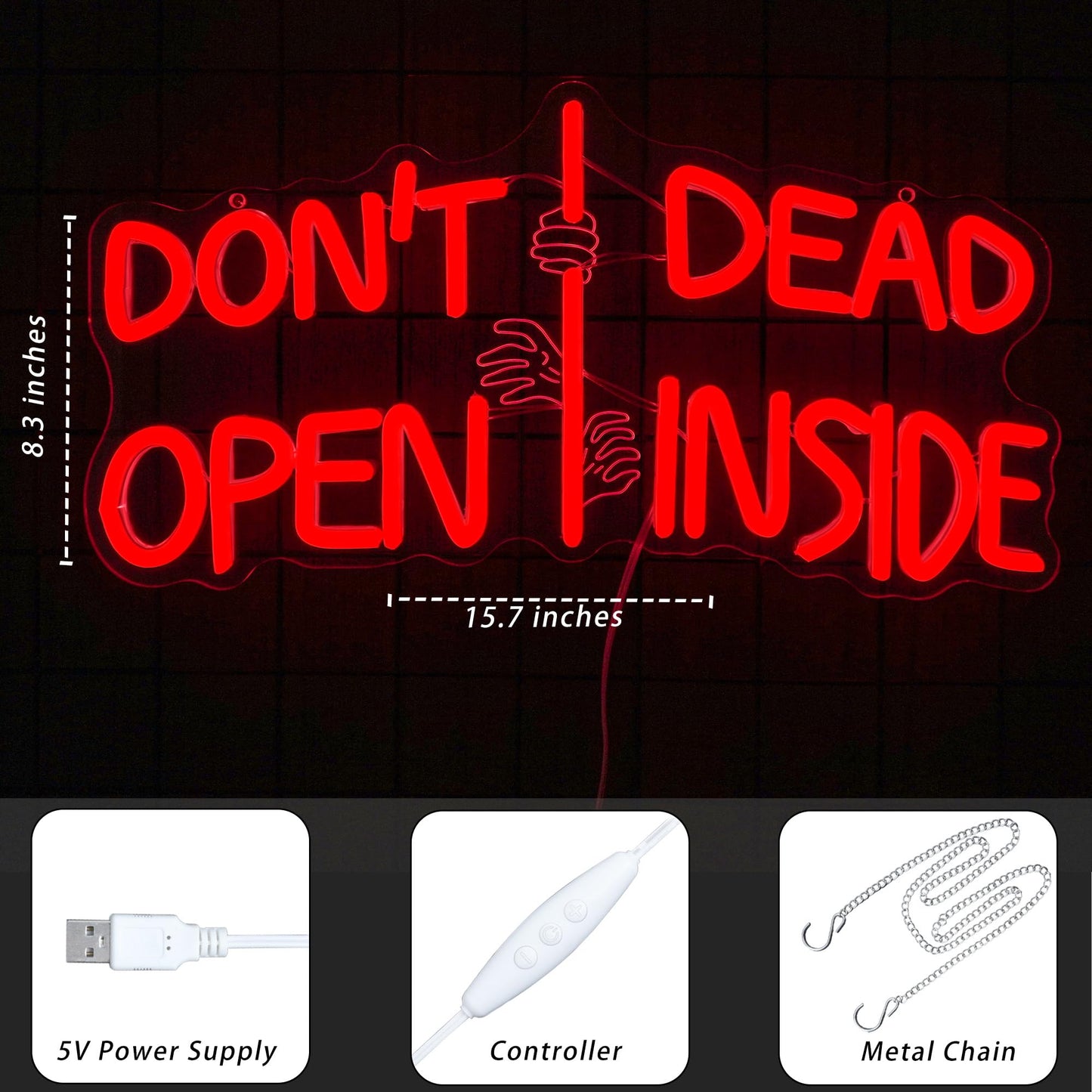 Zombie Themed Neon Sign Don't Open Dead Inside Neon Light Dimmable Horror Movie Light Signs for Terror Room and Gothic Home Decor Ideal Gift