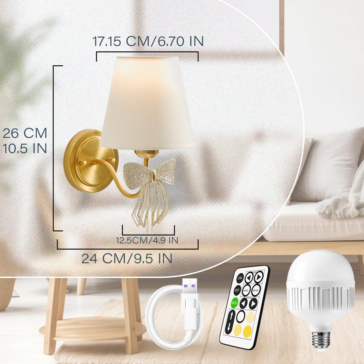 Mesuz Battery Operated Wall Sconces Lights Set of 2 Remote Control, Bow Sconces Rechargeable Battery Powered Bow Lamps Dimmable LED 2700K-6000K 16