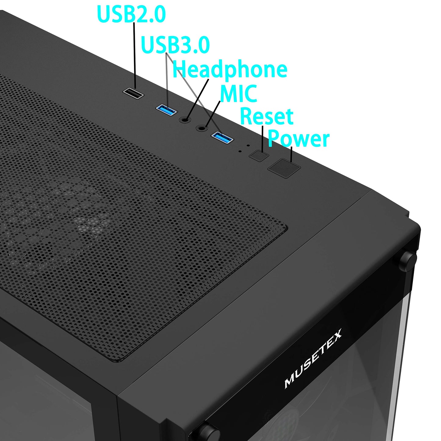 MUSETEX 5×140mm & 1×120mm ARGB Fans Voice Remote Control Mid-Tower Case with 2 PCS x USB 3.0 Ports Tempered Glass Panels PC Gaming Case Computer