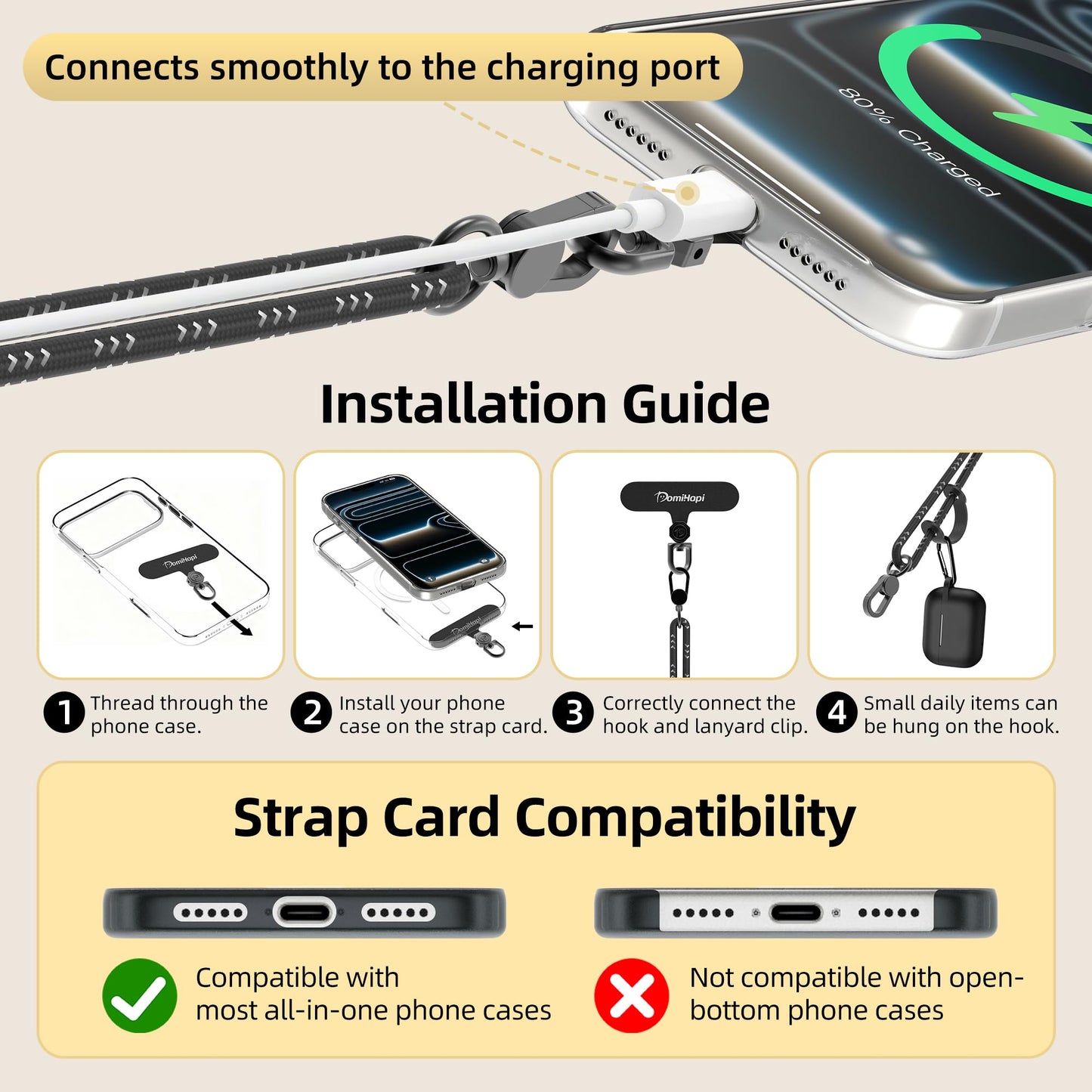 DomiHapi Phone Lanyard, 65W Fast Charging USB-C Data Cable Lanyard, Adjustable Crossbody Neck Strap, Anti-Loss Neck Lanyard, Compatible with iPhone