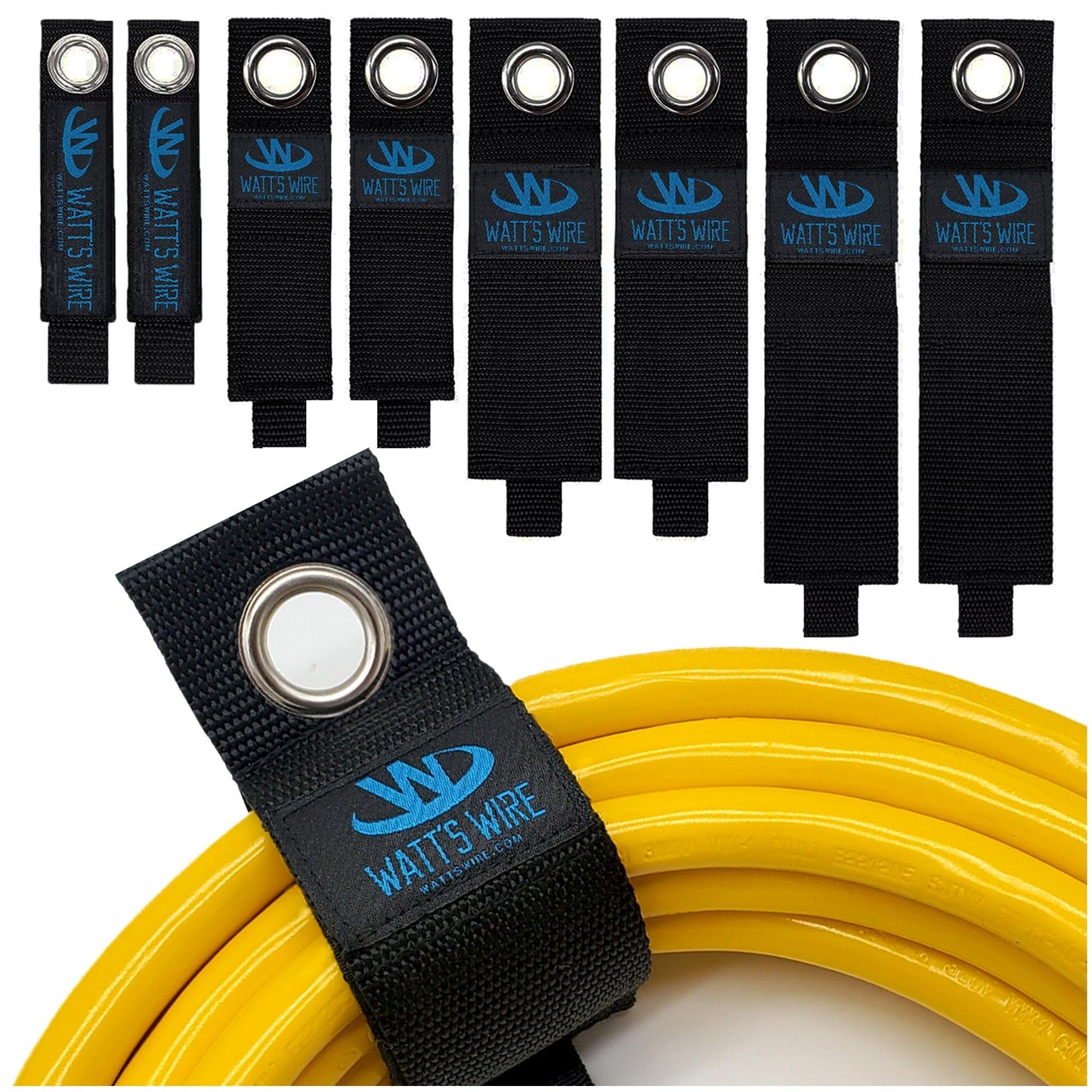 Heavy Duty Storage Straps - 8 Pack: 2 Small, 2 Medium, 2 Large, 2 XL - Extension Cord Ties - Storage Strap - by Watt's Wire