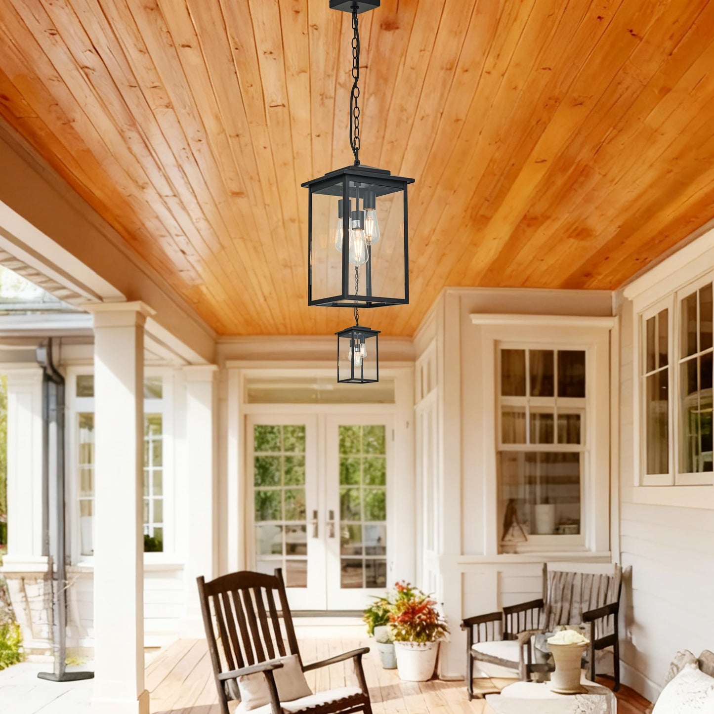 Outdoor Hanging Light Fixture 3-Light, Modern Black Metal Outside Chandelier Exterior Hanging Fixture Ceiling Mount with Clear Glass Shade for Front