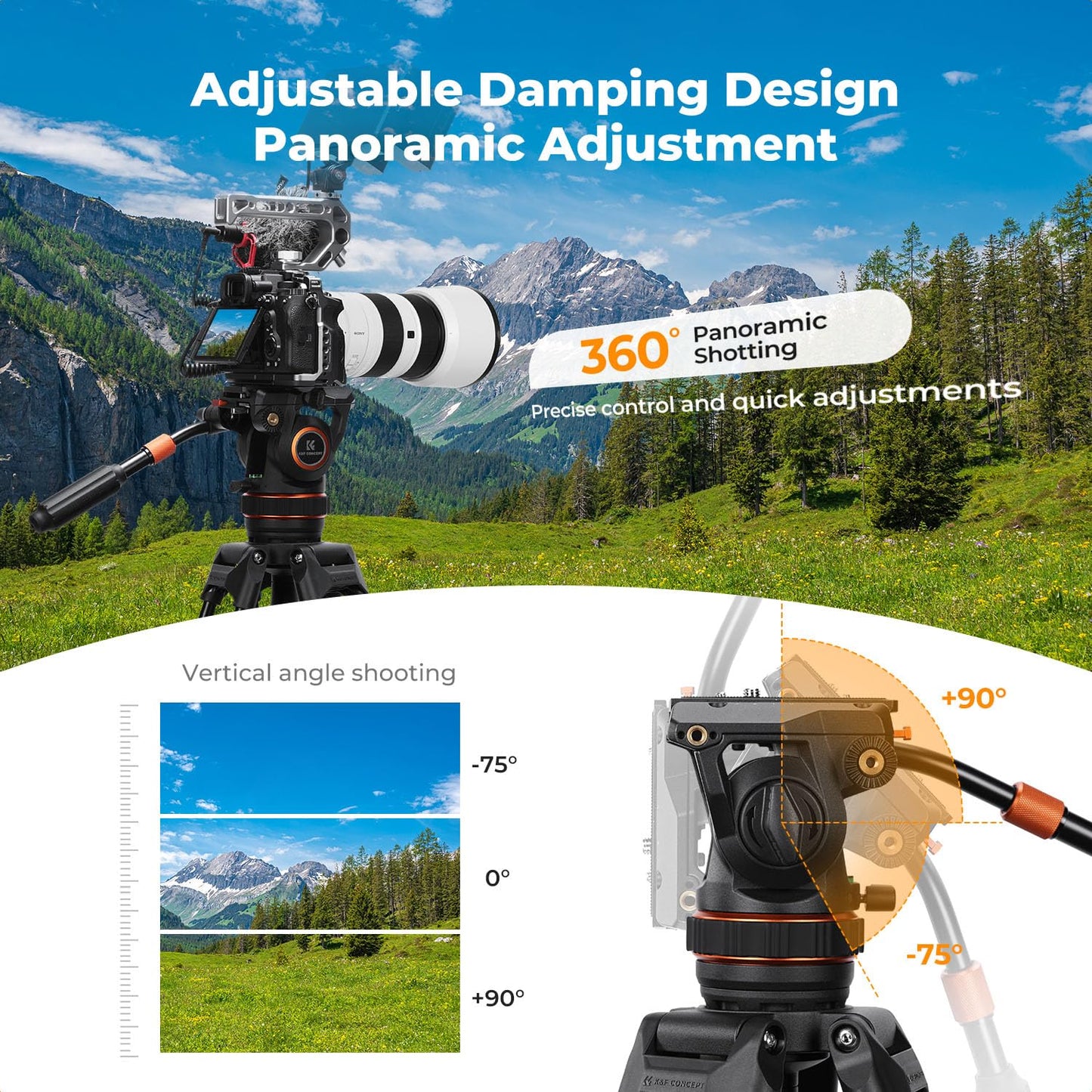 K&F CONCEPT Professional Fluid Head, Lightweight Fluid Video Head Silky-Smooth Stable Tripod Head Mount Max Load 17.6lbs/8kg, Net Weight 1.32KG Tripod
