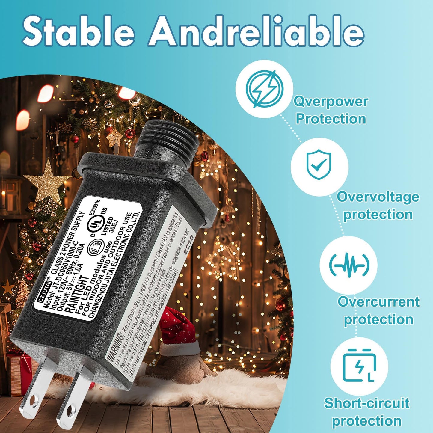 CZJUTAI JT-DC050V1000 Premium 5V 1A 5W LED Power Supply - Class 2 Transformer, IP44 Waterproof, US Plug for Christmas and String Lights, Indoor