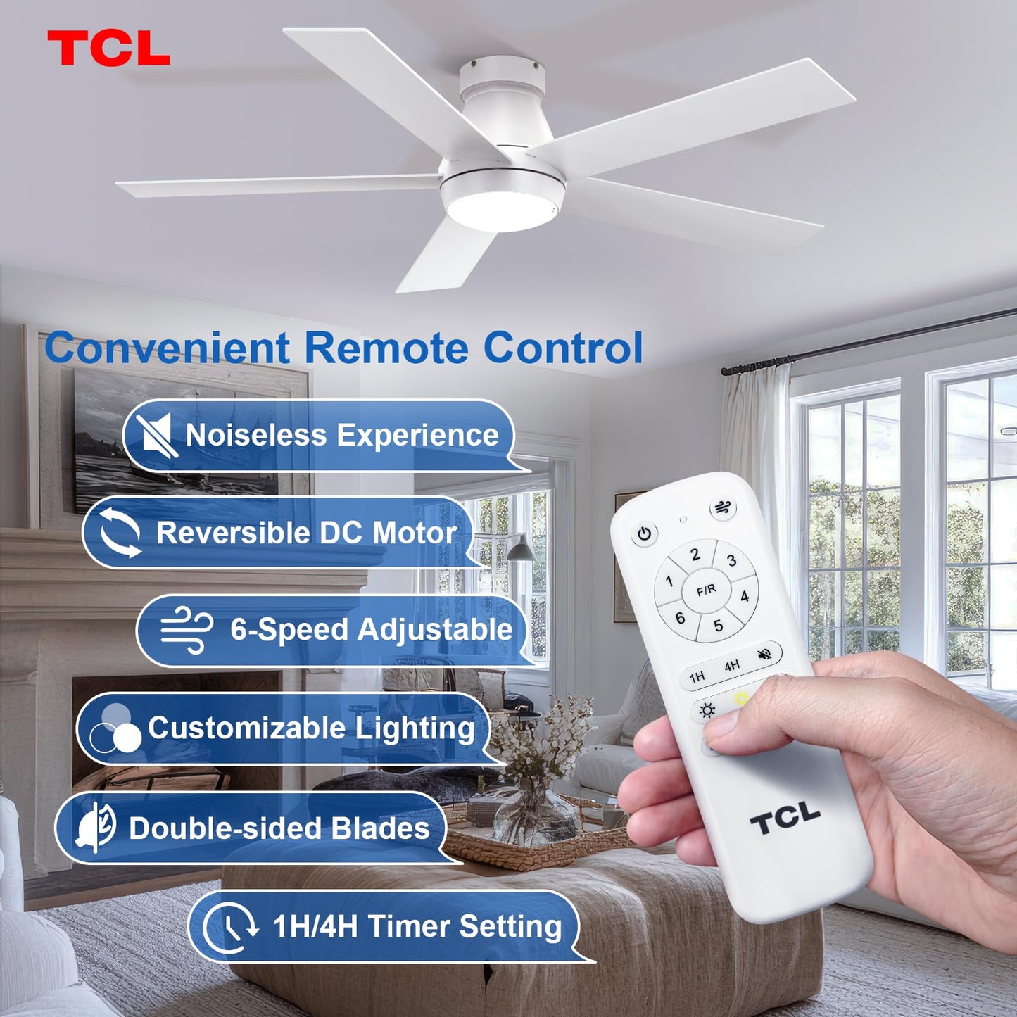 TCL 52" White Flush Mount Ceiling Fan with Light & Remote