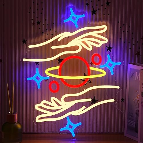 AEHEMNGZ Holding the Galaxy Neon Sign for Wall Decor Dimmable Usb Powered Planet Led Sign 16.54’’*12.6’’ Moon Neon Light Adorable Led Star Sign