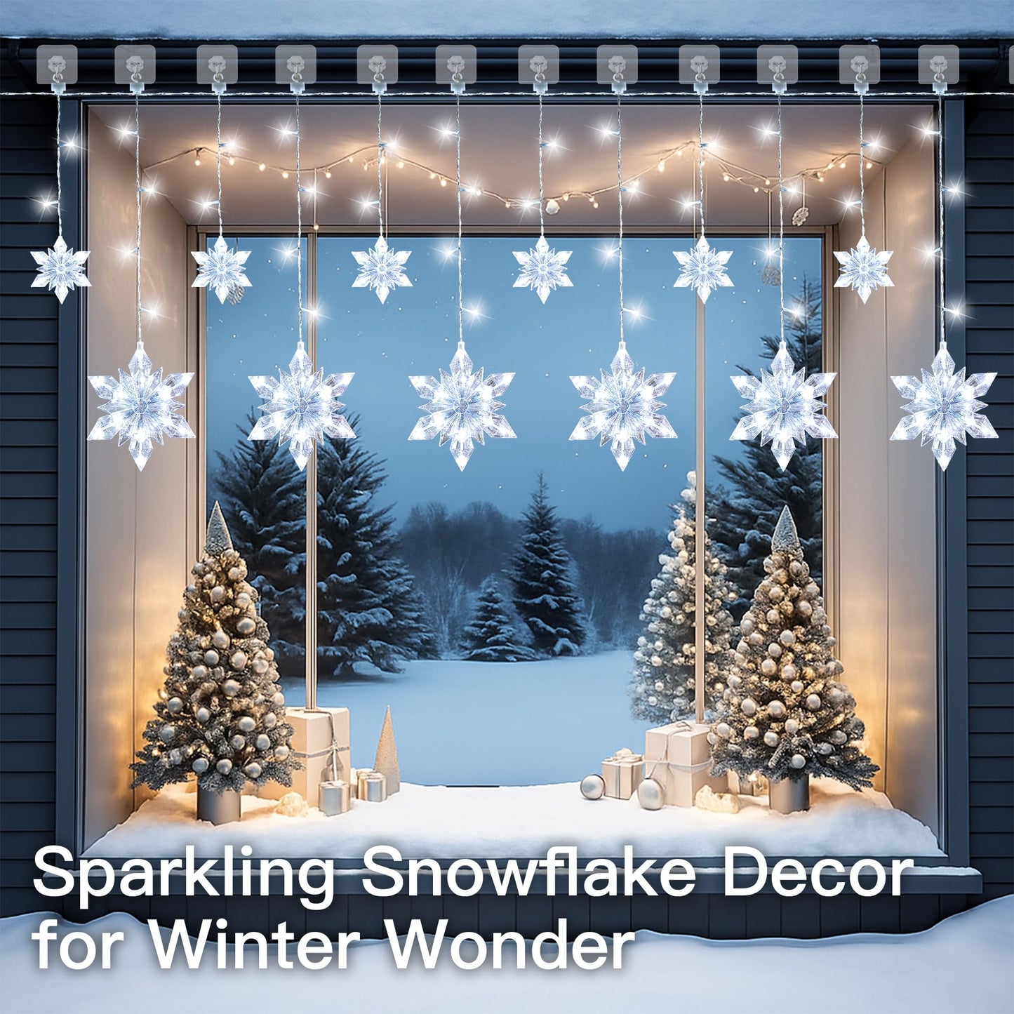Pellimo Snowflake Christmas Lights Outdoor, 8.2ft 144 LED Connectable Xmas String Light Plug in, Hanging Icicle Lights for House, Eaves, Outside