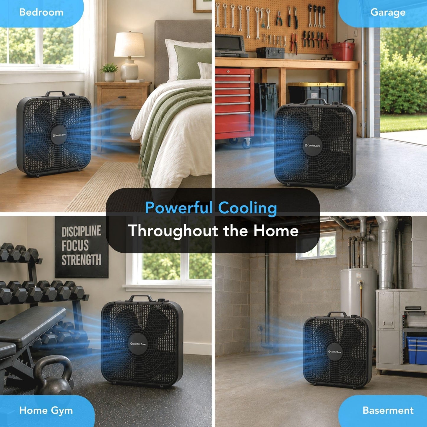 Comfort Zone Box Fan with Carry Handle, 20 inch, 3 Speed Full-Force Air Circulation with Air Conditioner, Floor Fan, Bedroom Fan, Airflow 15.03