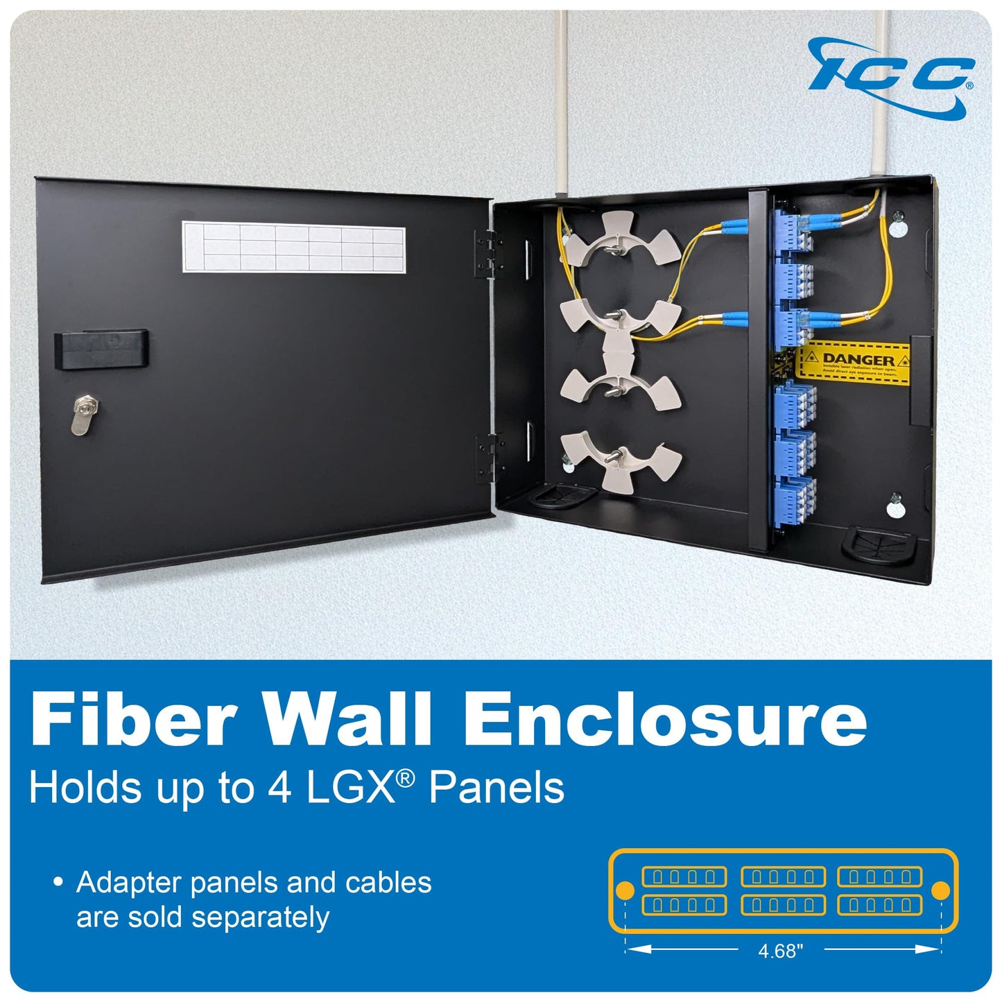 ICC Fiber Optic Wall Mount Enclosure - 4 Slots for LGX Compatible Adapter Panels or Cassettes (Sold Separately), Fiber Enclosure Supports up to 96