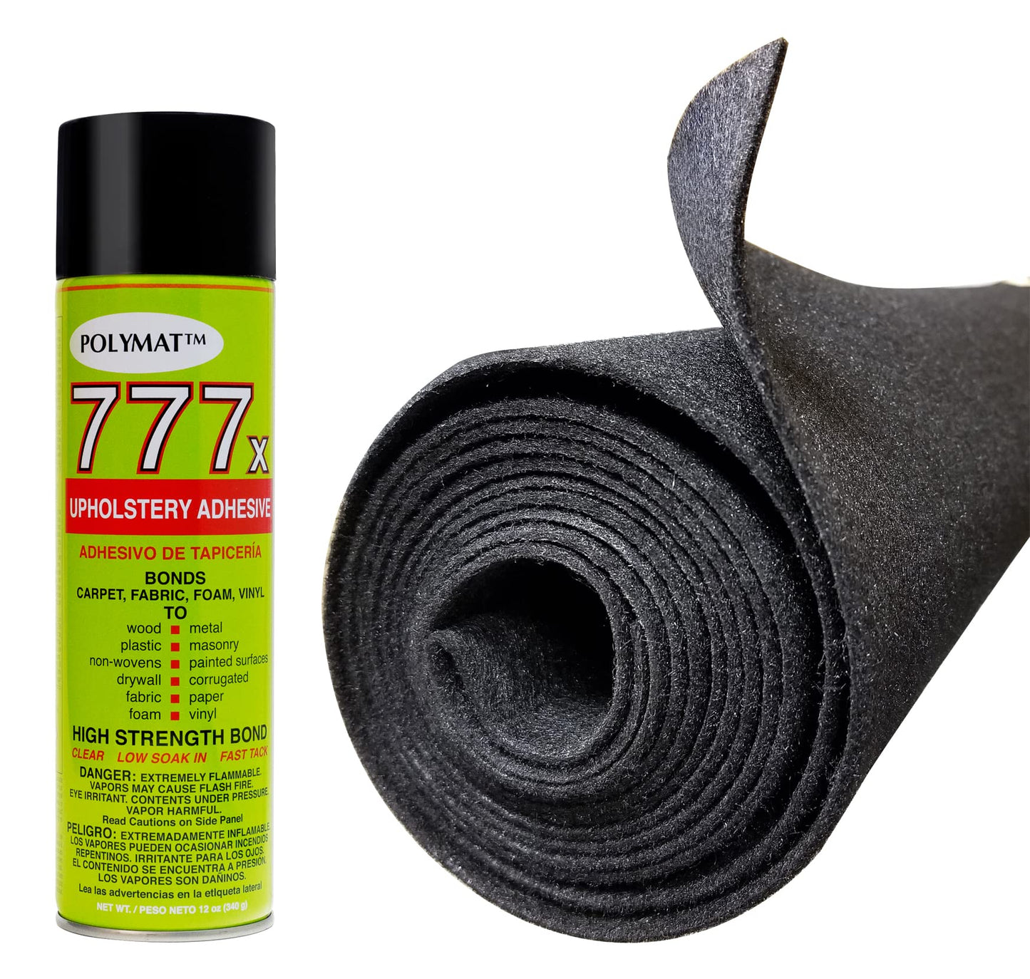 Polymat Quality 1 can 777 Glue + 3ftX4ft Wide Charcoal Speaker Box Carpet Cabinet Enclosure Carpet Truck Car Trunk Liner, and Dash Cover