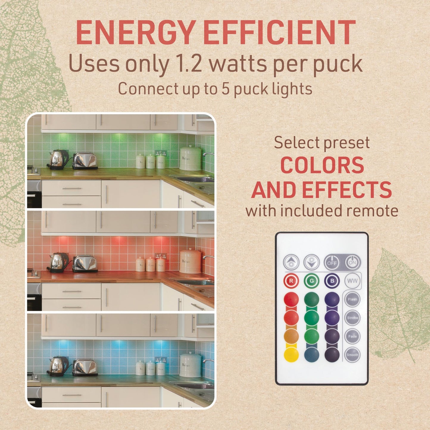 Birch Lighting Under Cabinet LED Puck Lighting Kit with 3 RGB Multicolor LED Puck Lights, Remote, On/Off Switch & Plug in 333310