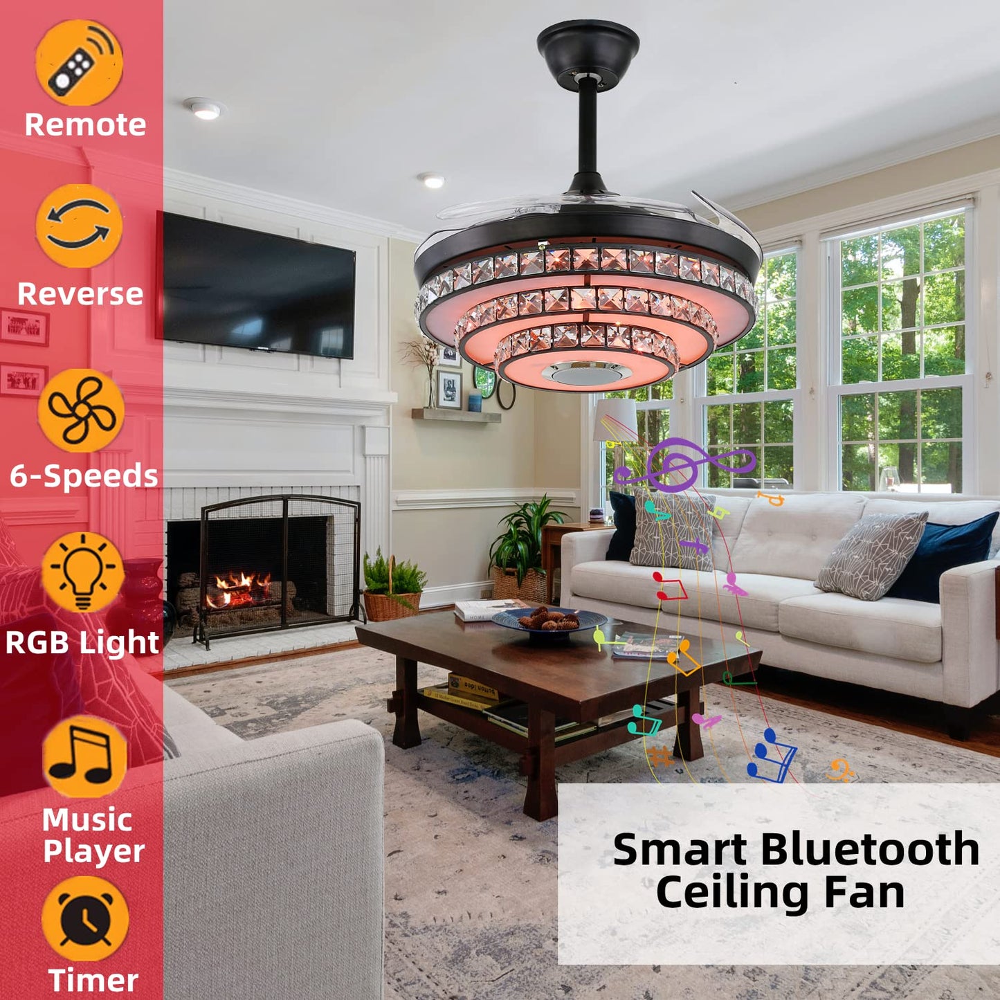 FANEPRO 42" Smart Ceiling Fan with Lights and Bluetooth Speaker, Retractable Black Fandelier RGB Color Dimmable LED Crystal Chandelier Fans
