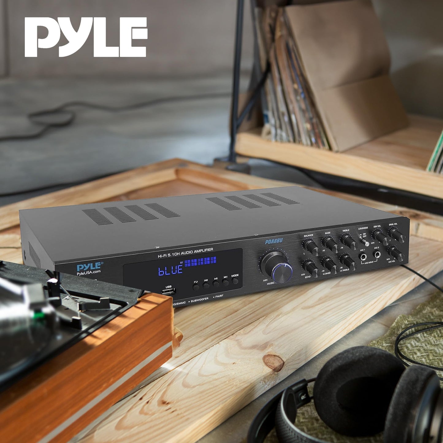 Pyle Bluetooth 5.1 Amplifier - Home Audio / Theater / Karaoke Receiver with 5 Channels and Subwoofer Out - 2 Mic Inputs w/ Echo, USB-A / SD Reader