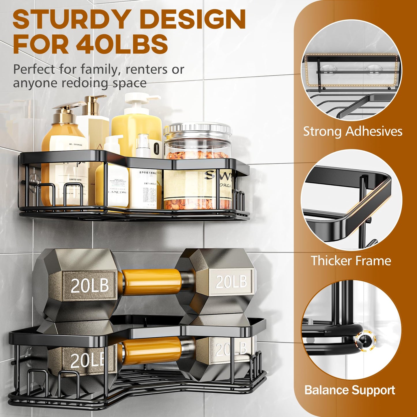 MAXIFFE 3-Pack Corner Shower Caddy with Soap Holder, Large Capacity No-Drill Stainless Steel Organizer, Holds 40 lbs, Bathroom Storage, Black