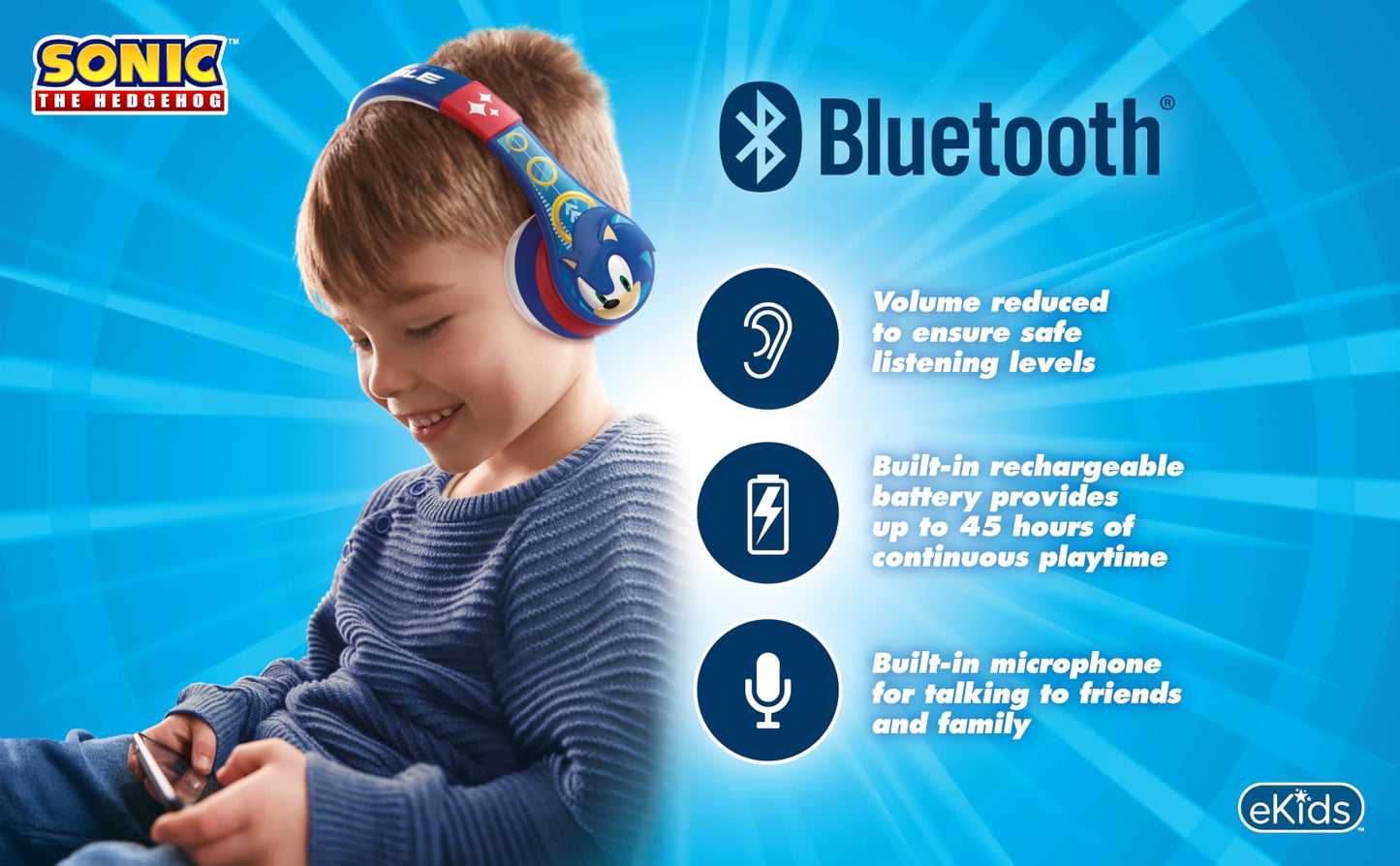 Sonic The Hedgehog Bluetooth Headphones for Kids, Wireless Headphones with Microphone, Includes Aux Cord (Sonic)