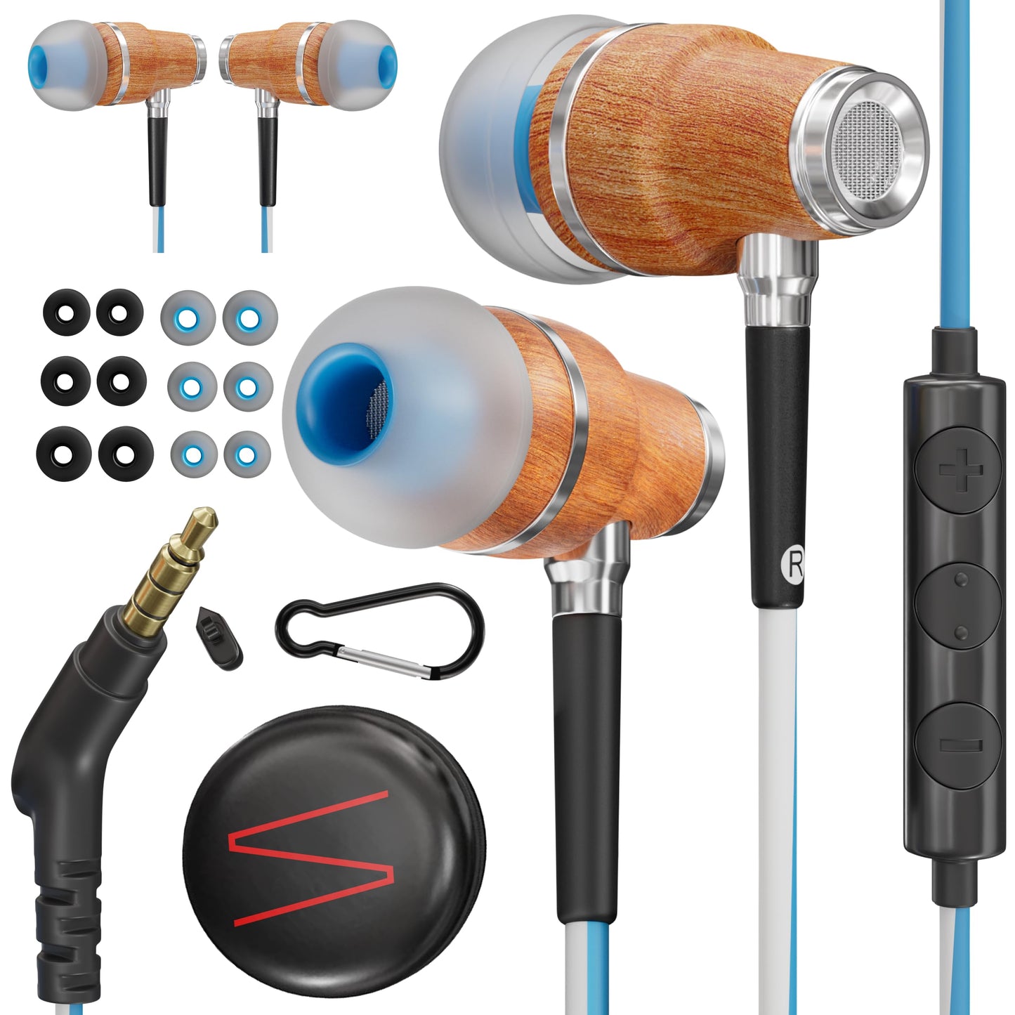 Symphonized Wired Earbuds 3.5mm Jack - Wooden Earphones with Mic & Volume Control, Plug In Ear Headphones Wire, Corded Ear Buds Wired Earbuds