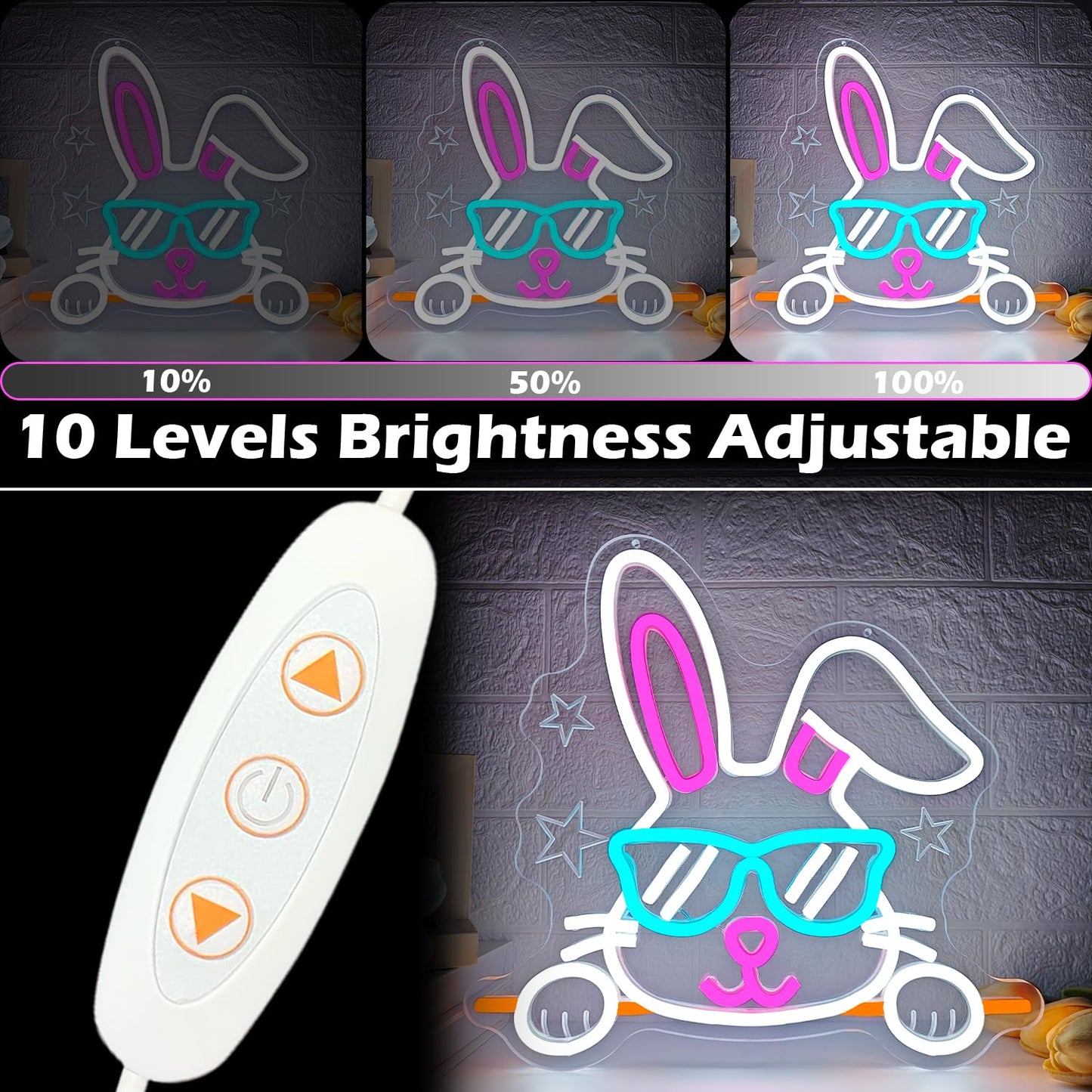 Bunny Neon Sign Happy Easter Neon Light for Home Dimmable Easter Decorations Neon Wall Art Glasses Rabbits LED light Sign for Bar Office Shop Bunny