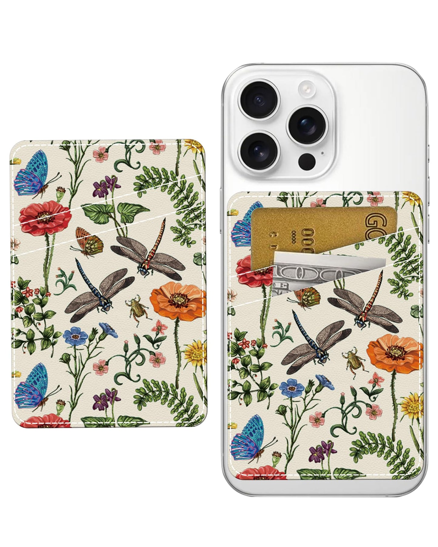 AOHRO Phone Card Holder, Dual Pocket Leather Phone Wallet Adhesive Stick On, Cute Card Holder, Credit Card Holder for Phone Case Retro Insects