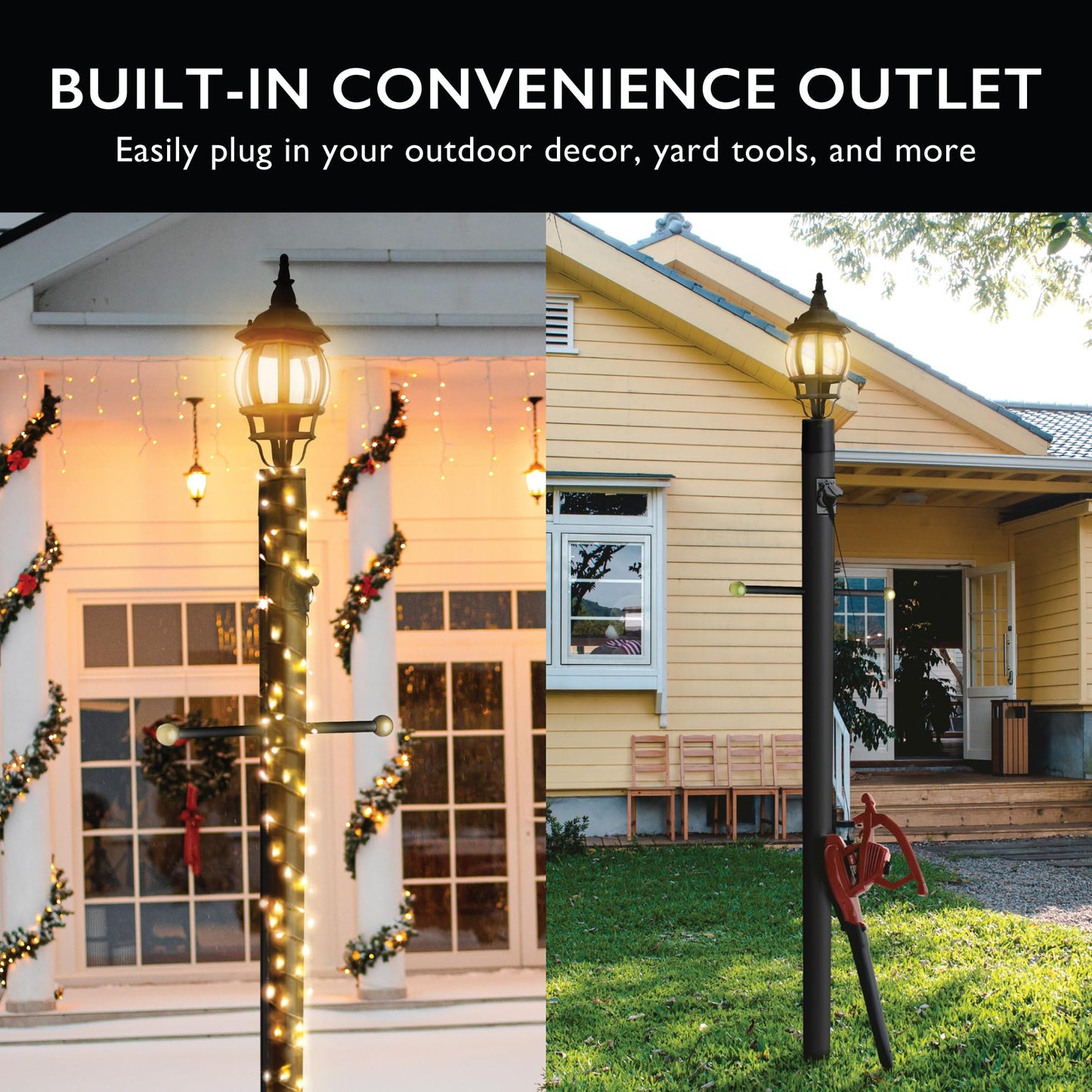 Design House Outdoor Lamp Post with Dusk-to-Dawn Sensor and Built-in Outlet, Black Steel Light Pole with Cross Arm for Post Top Lanterns, Direct