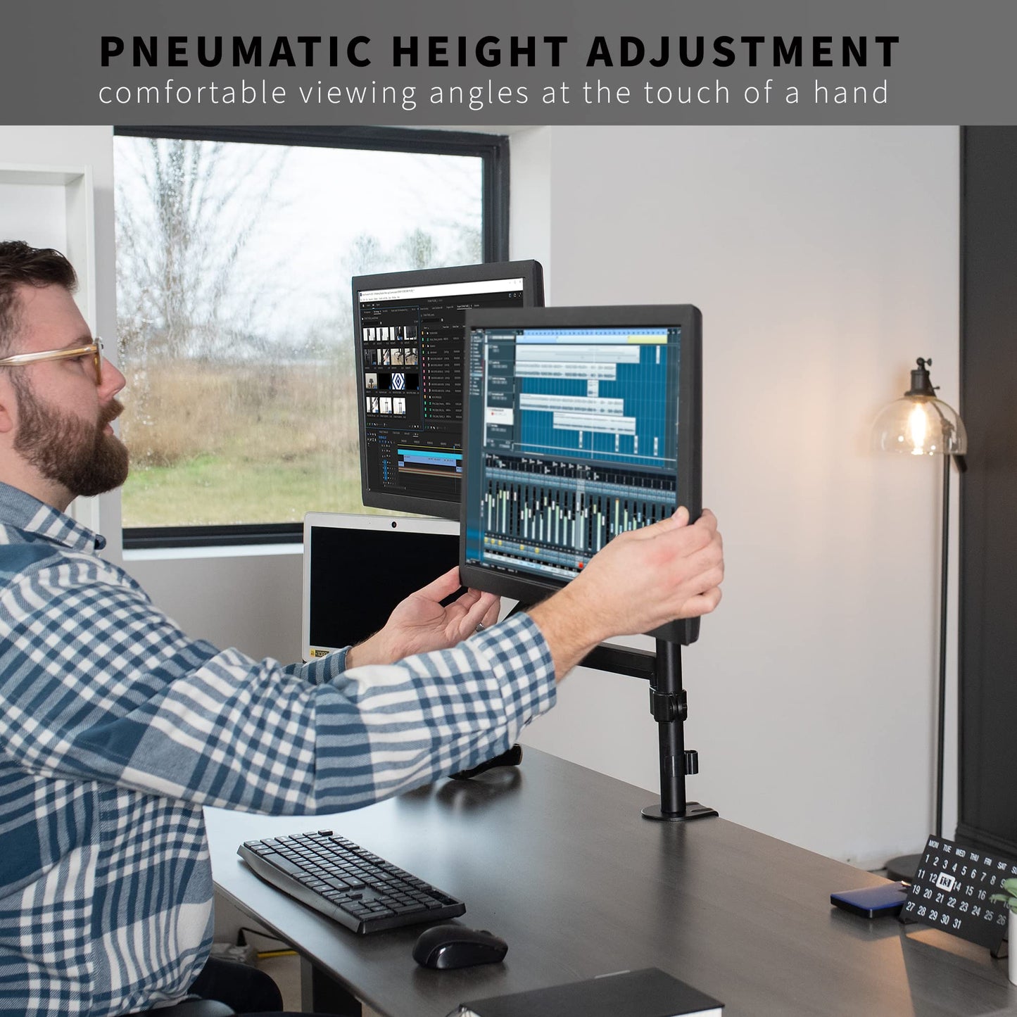 VIVO Laptop and Dual 17 to 32 inch Monitor Pneumatic Arm Mount, Fits 2 Flat or Curved Computer Screens and 10 to 15.6 Inch Notebooks, Laptop Tray