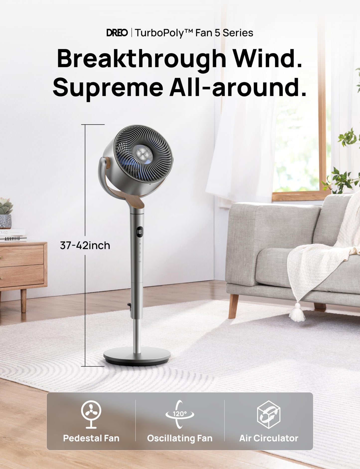 DREO Fan for Bedroom, 120°+120°Omni-directional Oscillating Fan, 90ft, DC Motor, 20 dB Quiet Standing Pedestal Fans, 8 Speeds, 3 Modes Circulator
