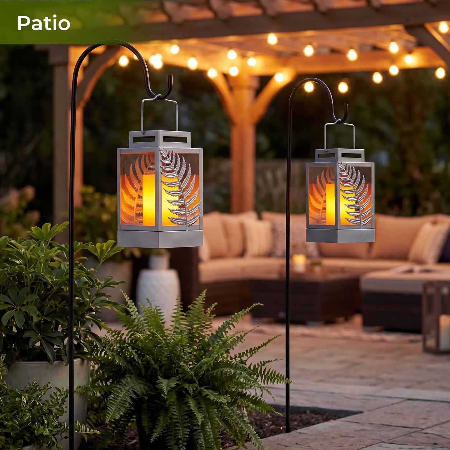 Walensee Solar Lights Outdoor with Flickering Flame (2Pack Grey) Upgrade Metal Solar Powered Lantern Landscape Leaf Decorative Hanging Lighting