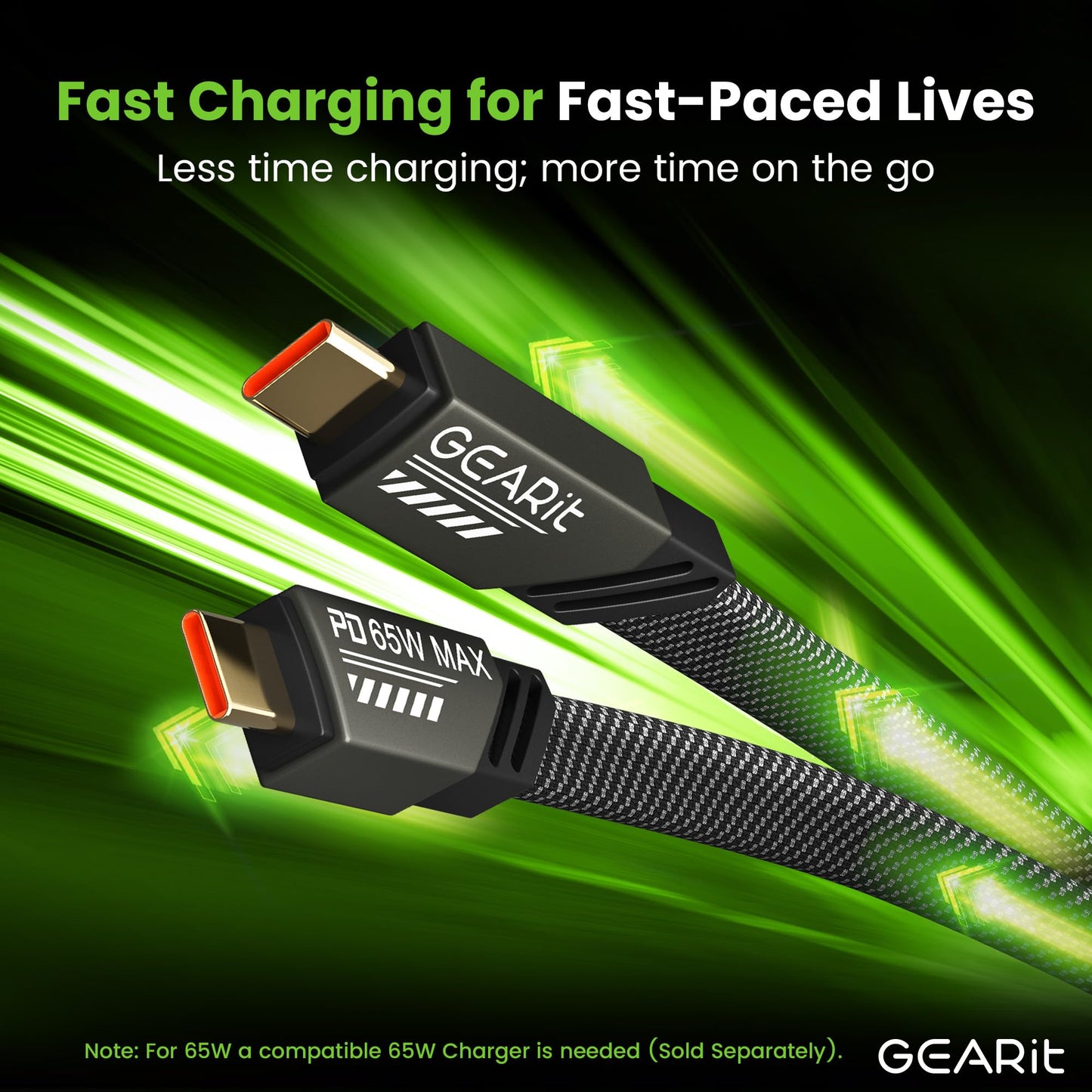 GEARit High Speed 65W USB-C Cable - Fast Charging Flat Cable - Compatible with Apple iPhone 15, 16, 16 Pro, iPad, MacBook, 3.3FT, Black