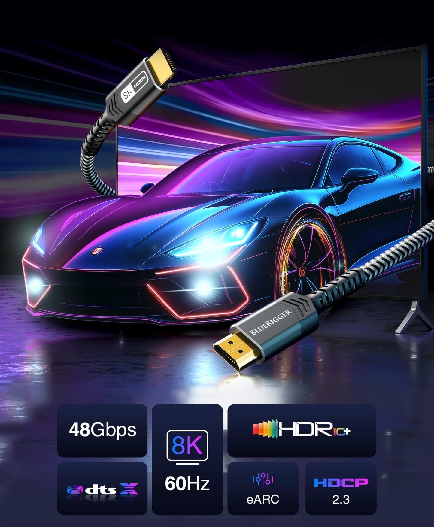 BlueRigger 10K 8K Certified HDMI 2.1 Cable 48Gbps (15FT, 8K 60Hz, 4K 120Hz, eARC, HDR10 VRR HDCP 2.3) Certified Ultra High Speed HDMI Cable Braided
