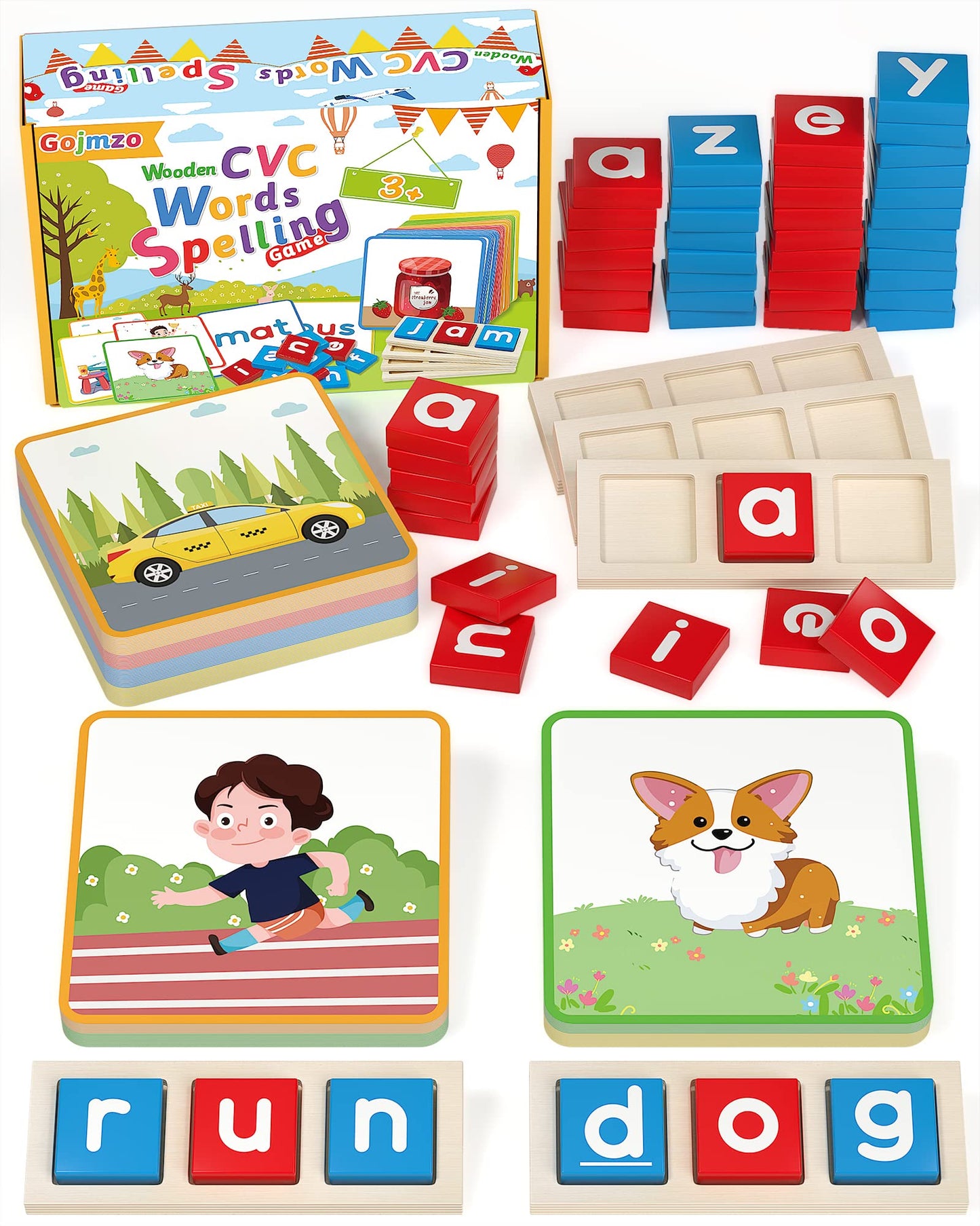 Gojmzo Wooden CVC Word Spelling Games – Montessori Learning Toy with Sight Words Flash Cards, Educational Activity for Kids Ages 3–6