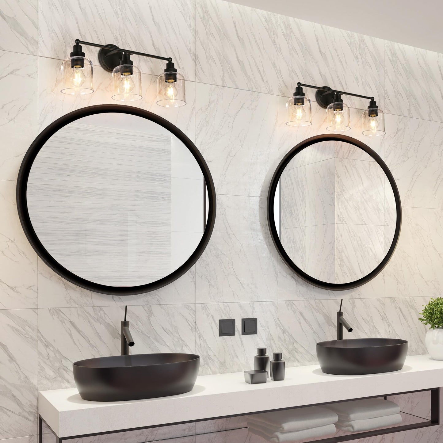 GEPOW Bathroom Wall Light Fixtures, 3-Light Black Vanity Light with Clear Glass Shade, Modern Farmhouse Wall Lamp Over Mirror for Hallway, Kitchen