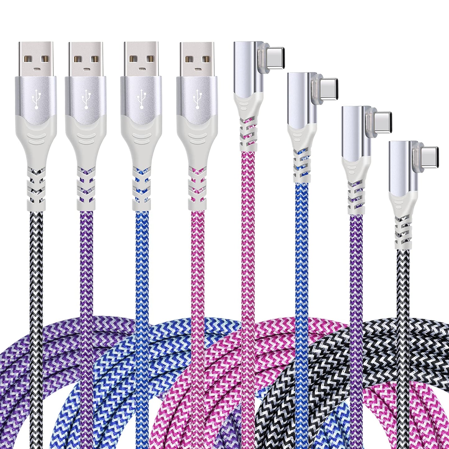 Eversame Right Angle USB C Cable(4-Pack 10ft), Nylon Braided USB A to USB C Charger Fast Charging Cord Compatible with Samsung Galaxy S24 S23 S8 S9