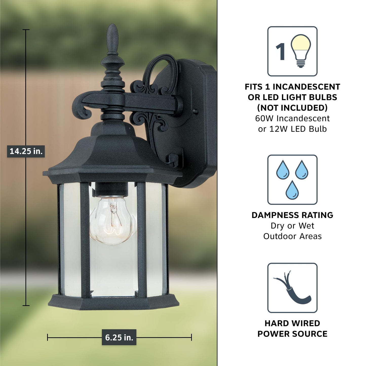 DESIGNERS FOUNTAIN Devonshire Outdoor Light Fixture, 14 Inch Exterior Wall Lantern Sconce for Front Door, Patio and Porch, Black, 2961-BK