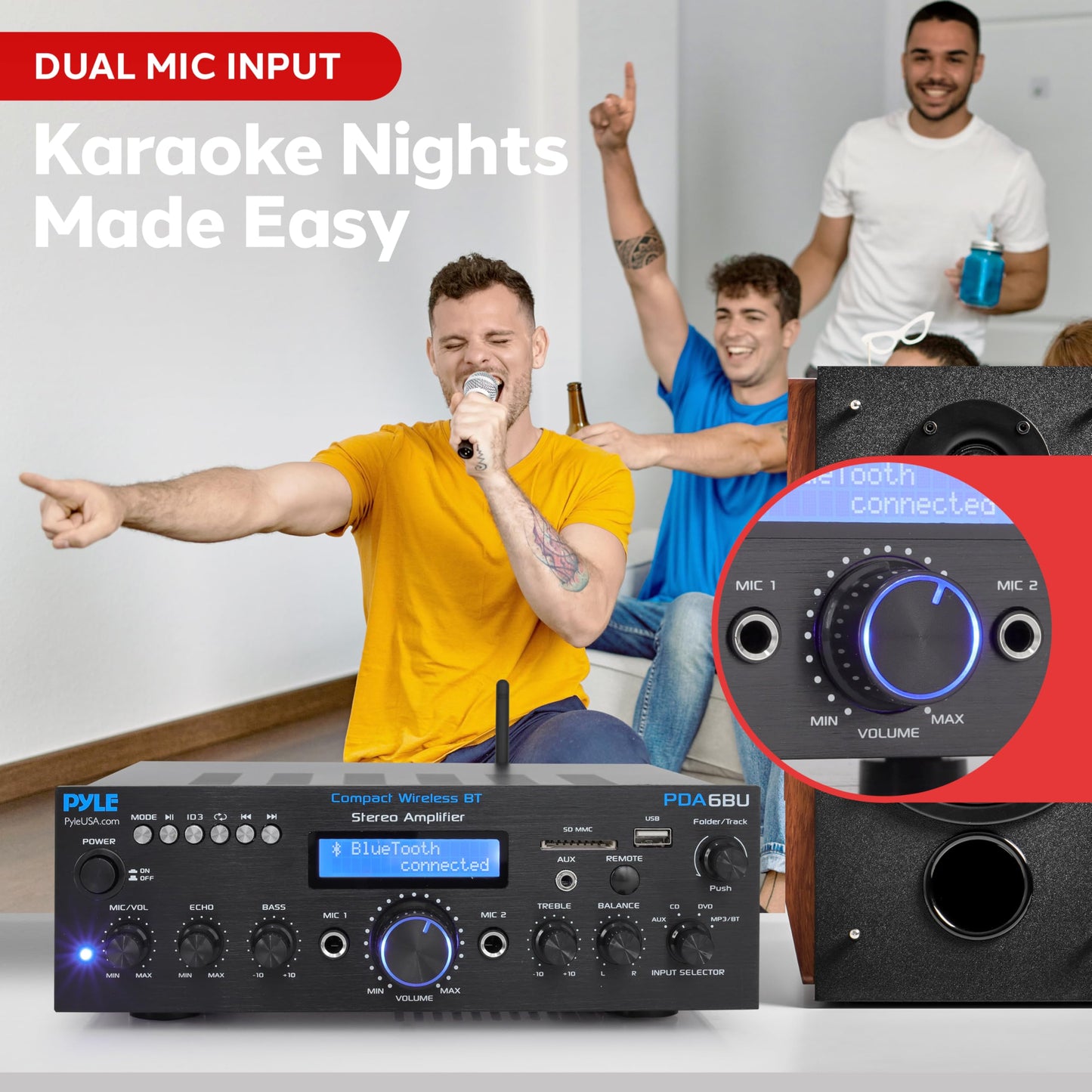 Pyle Wireless Bluetooth Power Amplifier System- 200W Dual Channel Sound Audio Stereo Receiver w/ USB, SD, AUX, MIC IN w/ Echo, Radio, LCD, For Home
