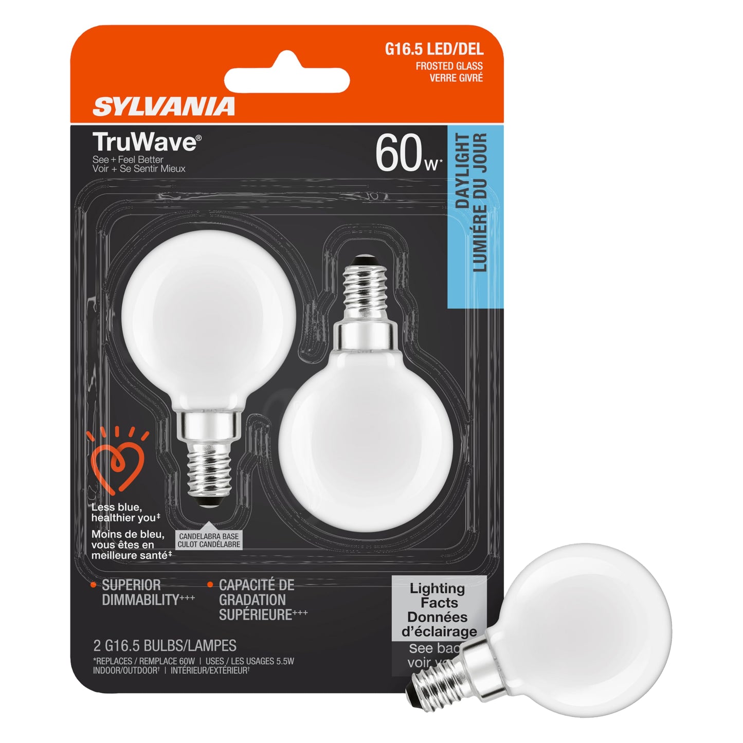 Sylvania LED TruWave Natural Series Décor G16.5 Light Bulb, 60W Equivalent Efficient 5.5W, Candelabra Base, Dimmable, Frosted, 5000K, Daylight - 2