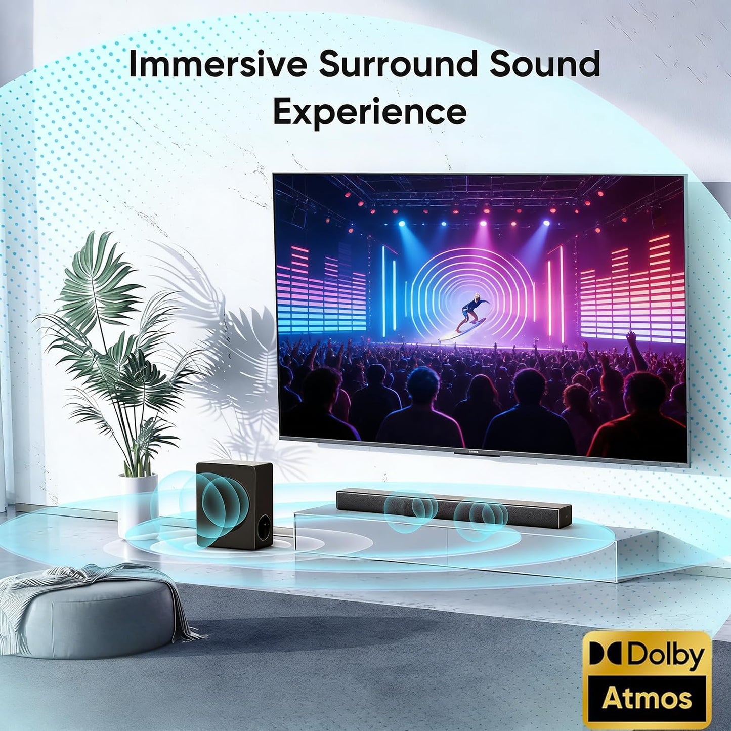 Sound Bar with Subwoofer, 100W Bass Soundbar for Smart TV, w/Dolby Atmos 3D Surround Sound System, 2.1CH Home Theater Audio Soundbar, Adjustable Home