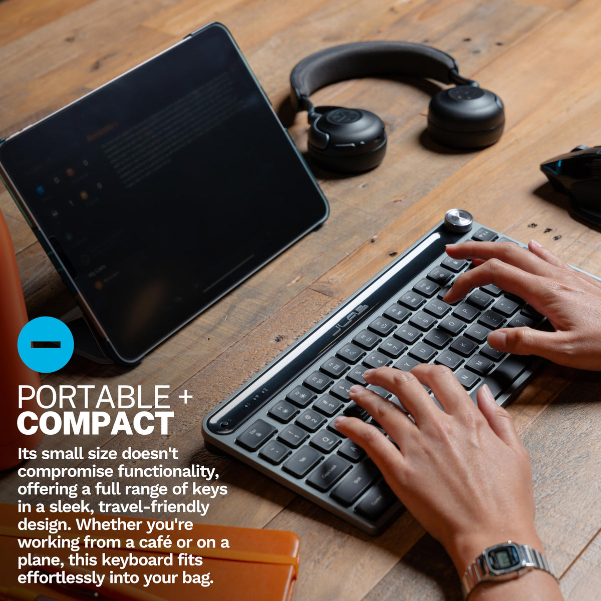 JLab Epic Mini Wireless Keyboard, Bluetooth or USB dongle, Multi-Device, Media knob, Backlit, Black