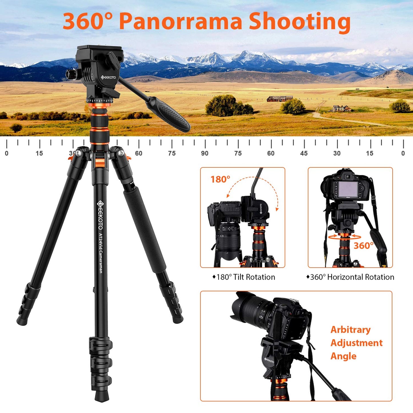 GEEKOTO Video Tripod Fluid Head,Professional Camera Tripod for DSLR,Monopod Aluminum 77" for Video Camcorder Canon Nikon Sony with 1/4" Screws Fluid