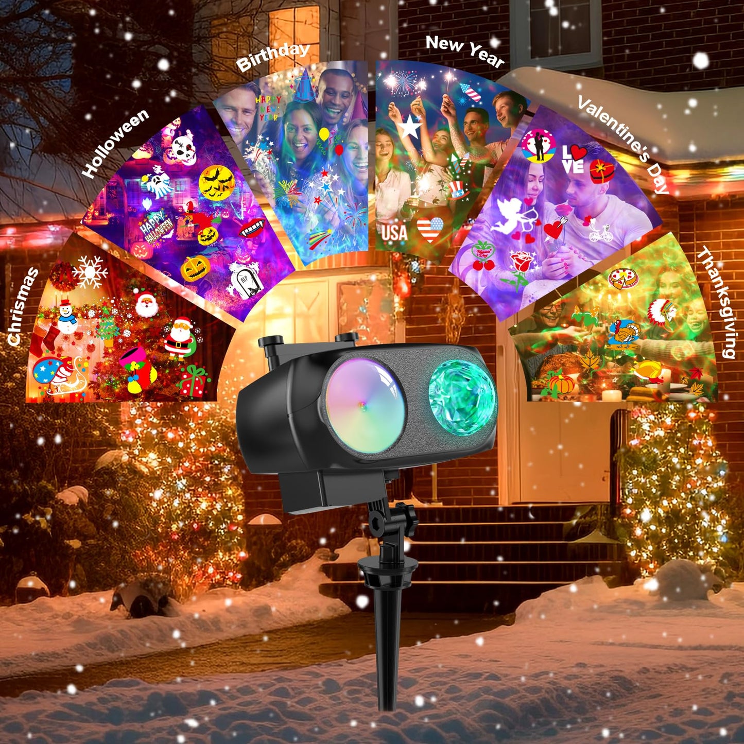 8-Pattern Christmas Projector Lights Outdoor 2-in-1, Holiday Projector Lights Outdoor 26 Effects (Projection Card +3D Ocean Wave) with Timer