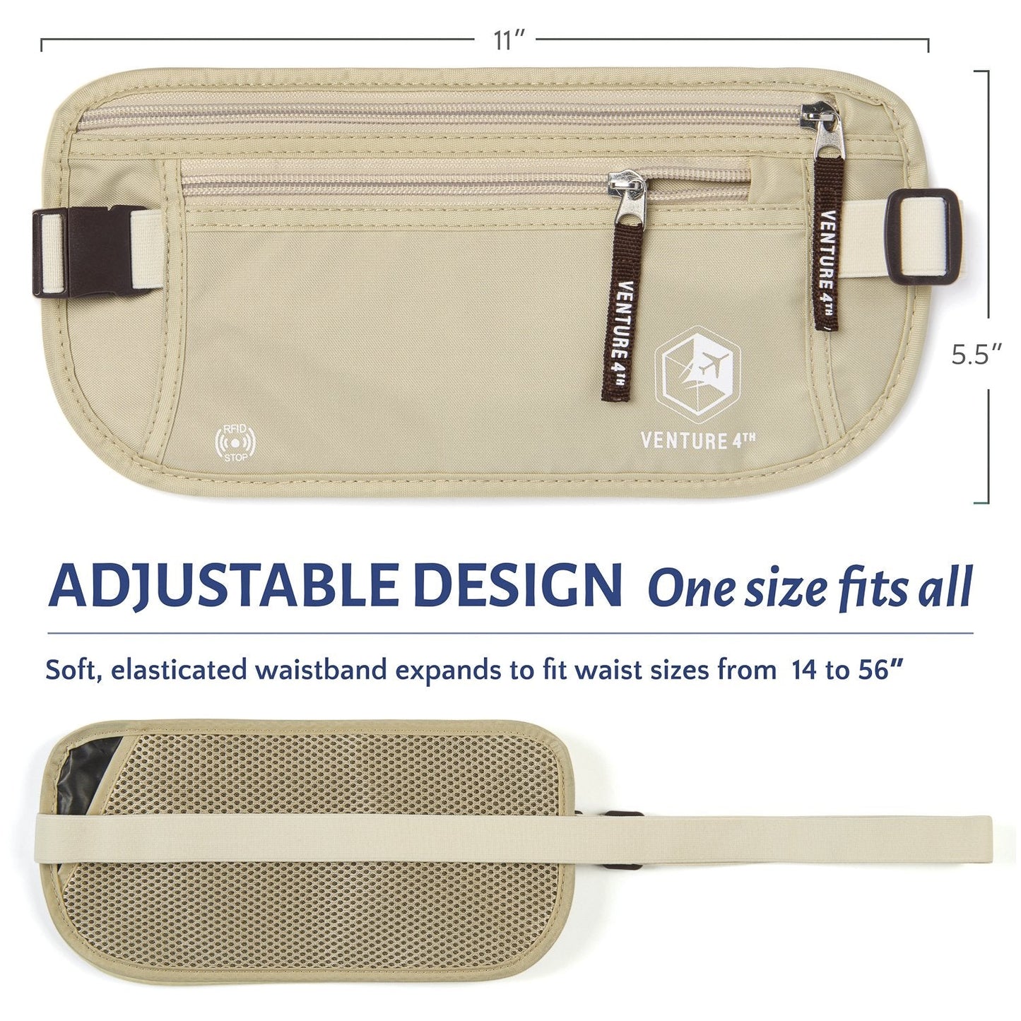 VENTURE 4TH Slim RFID Money Belt – Minimalist Travel Waist Pouch with RFID Blocking Sleeves for Cash, Cards, Passport & Phone, Beige