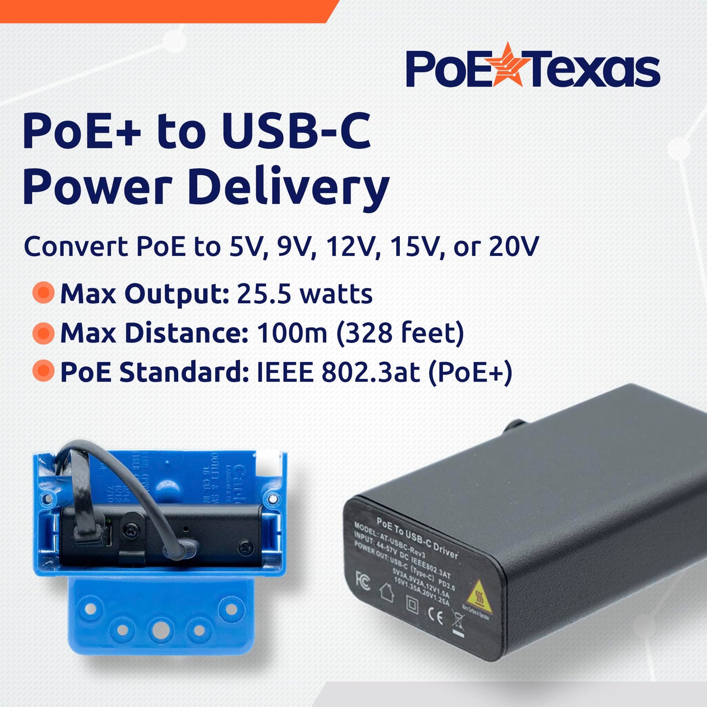 PoE Texas PoE+ to USB-C Splitter, 25W Power Delivery, 5-20V