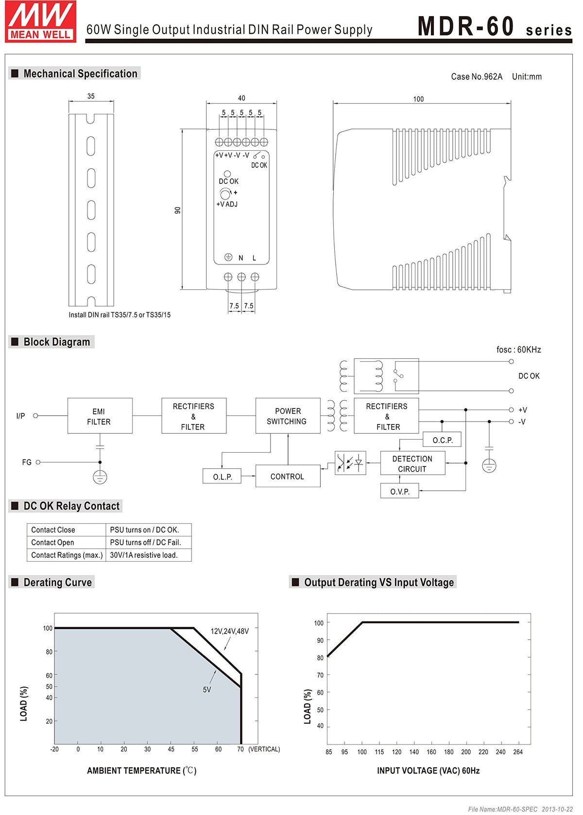Mean Well Original MDR-60-48 Single Output Industrial DIN Rail Power Supply 48V 1.25A 60W