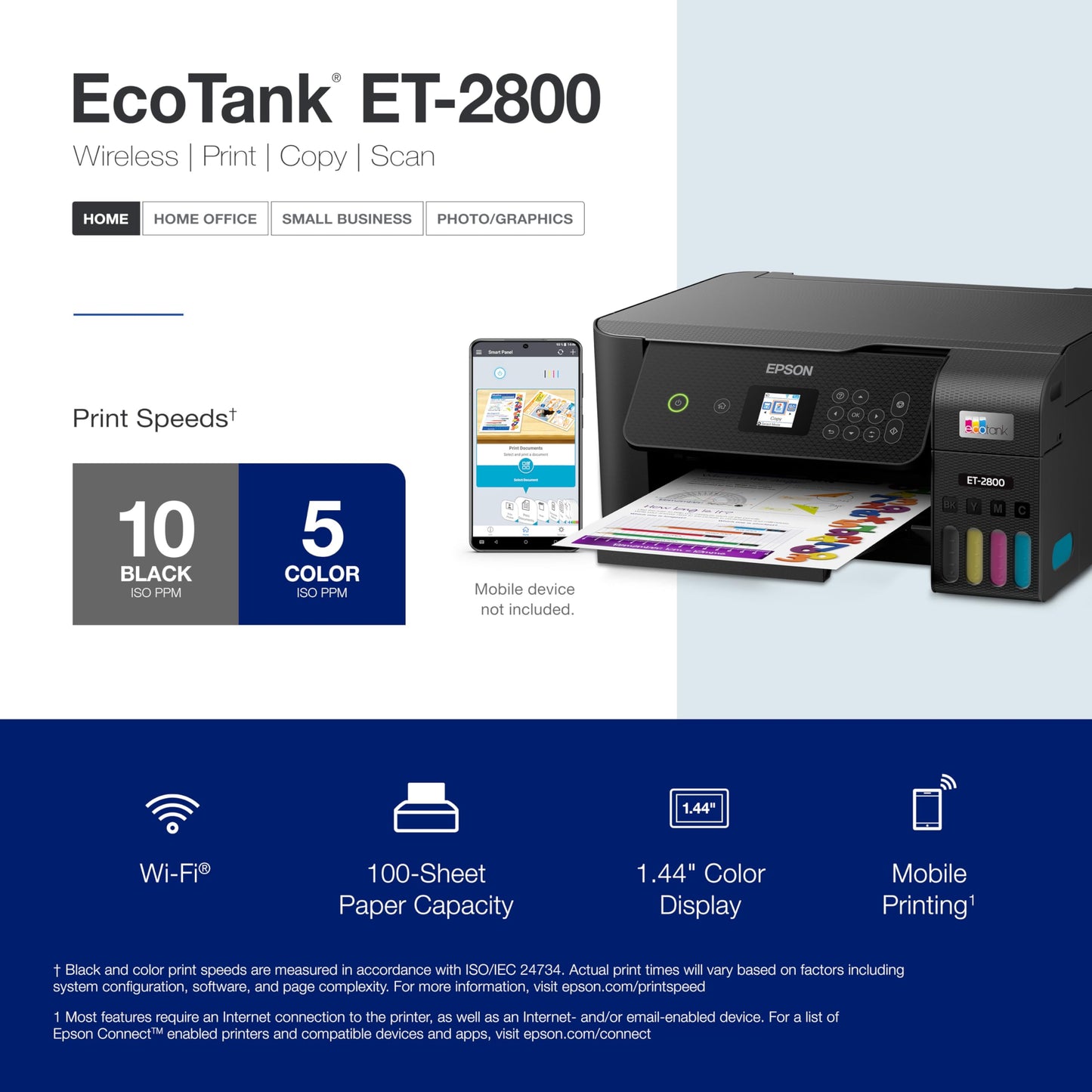 Epson EcoTank ET-2800 Wireless Color All-in-One Cartridge-Free Ink Supertank Printer with Scan and Copy for Home Use, Black