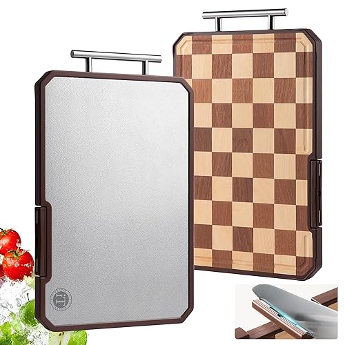 Titanium Cutting Board with Knife Sharpener, Pure Titanium & Acacia Wood Cutting Boards for Kitchen, Double Sided Checkerboard Chopping Board…