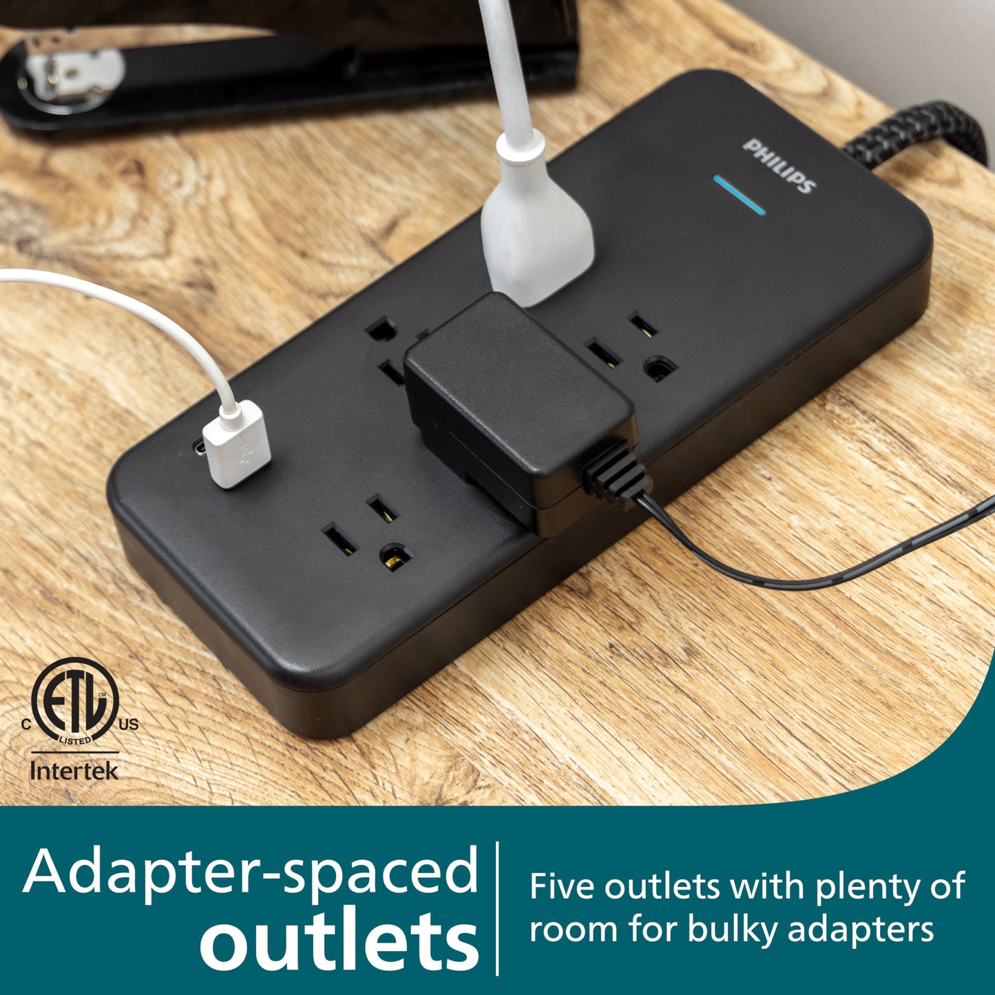 Philips 5-Outlet Surge Protector with USB, 1 USB-A, 1 USB-C, 15W Shared, 1500J, Adapter-Spaced, 6ft Braided Cord, Outlet Extender, Extension Cord,