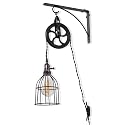Rustic State Industrial Pulley Design Black Wall Sconce Pendant Lamp Kit with Wire Cage Shade, Iron Bracket, Pulley, 10" Fabric Plug in Cord, Socket