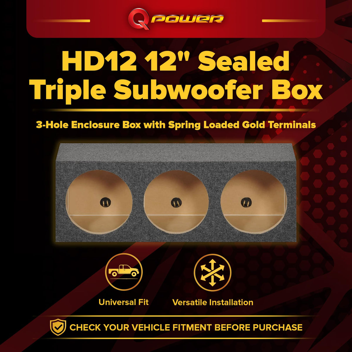 QPower HD12-3HOLE Triple 12-Inch Sealed Subwoofer Box