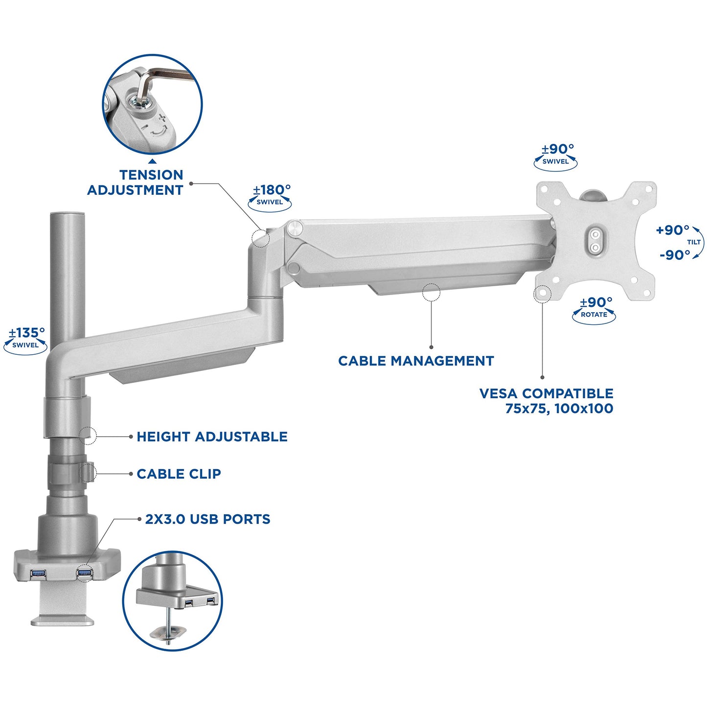 Lorell, LLR99802, Pole Single-Monitor Arm, 1 Each, Gray