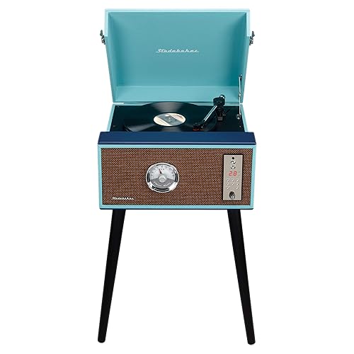 Studebaker Floor Stand Turntable, Bluetooth Receiver, CD Player, FM Radio, Wood Cabinet, 3W RMS Speakers x 2, (Teal)