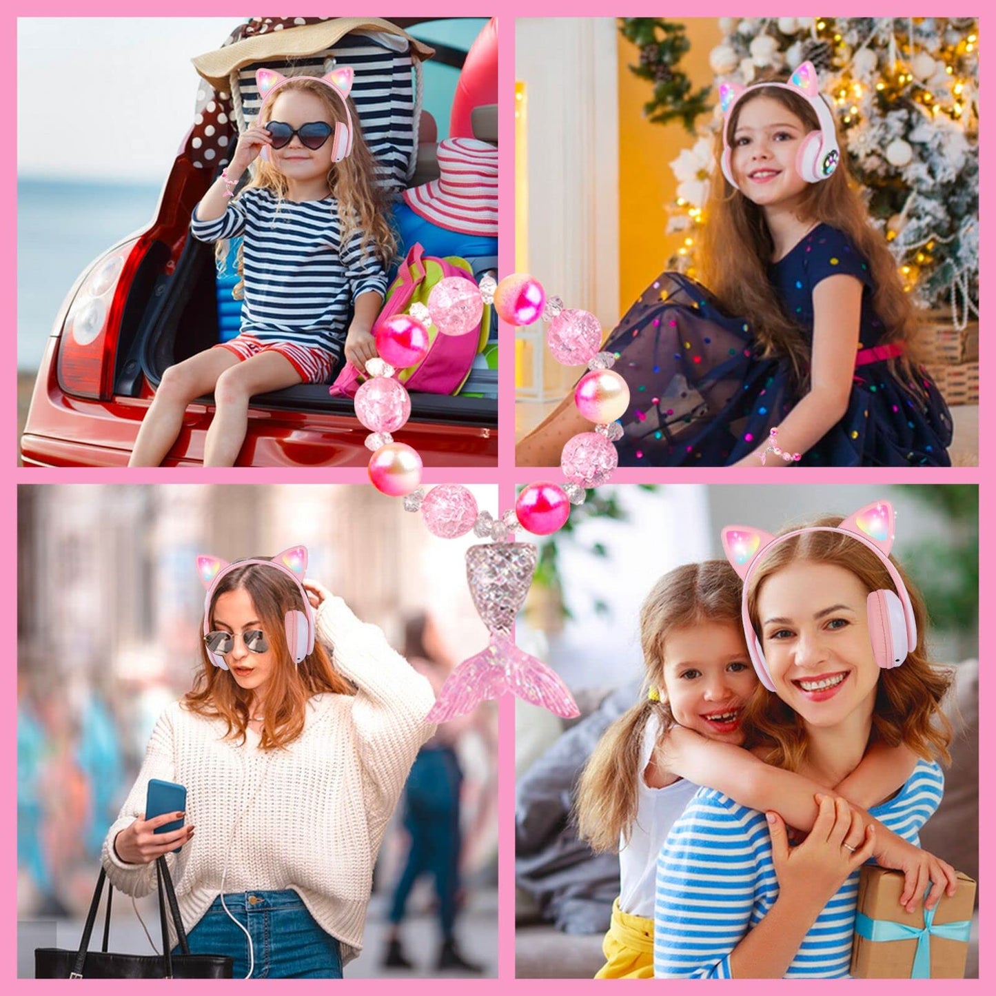 kuyaon Wireless Headphones for Kids, Cat Ear LED Light Up Bluetooth Kids Headphones with Microphone for School/Travel/Sports/Gaming/Gifts/Christmas