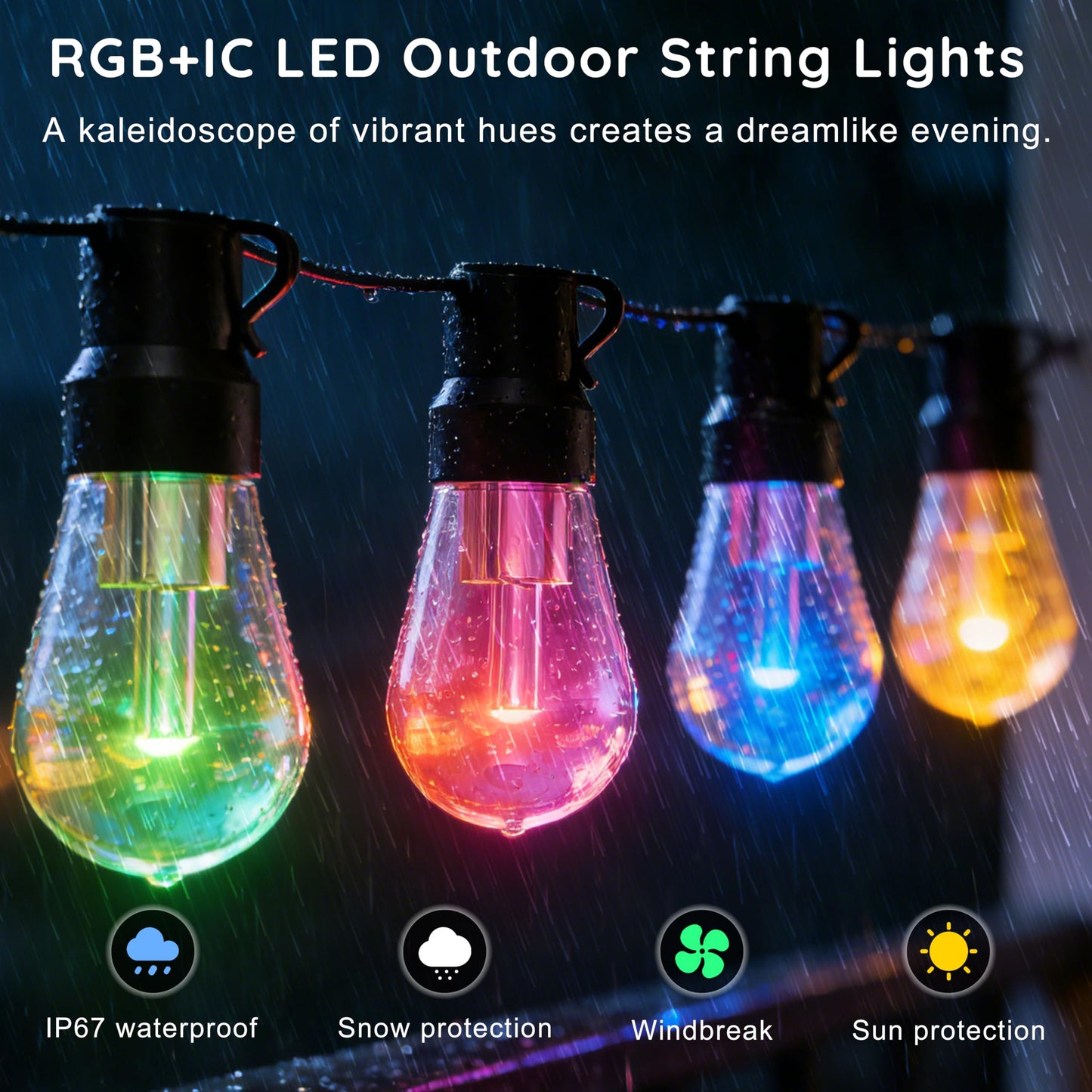 300FT RGB+IC Outdoor String Lights, Dimmable Shatterproof LED Bulbs, IP67 Waterproof DreamColor Chasing Lights, Multicolor Dynamic Lighting for Patio